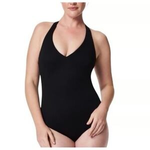 Spanx Pique Shaping Halter One-Piece Swimsuit Very Black XL